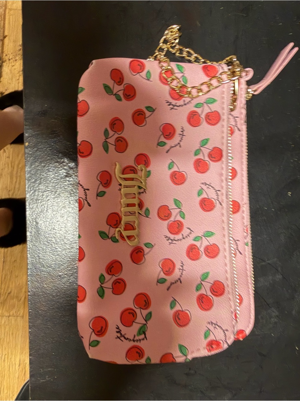 Juicy Couture Pink Cherry Print Clutch with Gold Chain